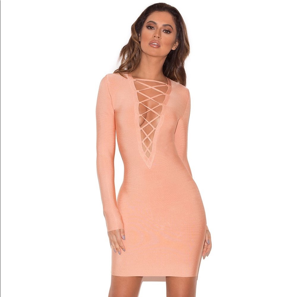 House of CB Reyna Peach Lace Up Bandage Dress